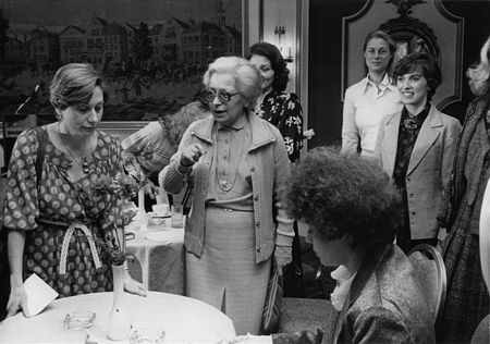 March 27, 1979 - Congressional Wives meet wife of Israeli Prime Minister Menachem Begin: Sara Frankel, left; Aliza Begin, center; Meri Khnokh, wife of Leib Khnokh, seated; Sylva Zalmanson, behind Begin; Rebecca Frailey, rear; Mrs. Paula Blanchard, wife of Rep. James Blanchard (D-MI), right