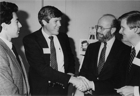 Washington, D.C., 1983 -- Rep. Steve Bartlett (R-Tx.), co-chairman of the 98th Congressional Class for Soviet Jewry, greets Rep. Connie Mack (R-Il.), at the group's inaugural Reception and Briefing, coordinated by the National Conference on Soviet Jewry (NCSJ). Looking on are (L) Rep. Mel Levine (D-Ca.), 98th Congressional Class for Soviet Jewry co-chairman, and (R) Jerry Goodman, NCSJ Executive Director. Reps. Bartlett and Levine co-hosted the event, attended by newly elected members of the House and NCSJ Executive Committee members. The Congressional Class for Soviet Jewry is organized in association with the National Conference on Soviet Jewry to help facilitate Congressional involvement on behalf of the Jewish minority in the USSR. It includes 77 Members of Congress, out of 80 newly elected to the House of Representatives.