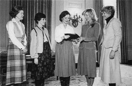 <p>February 1979: Congressional wives present appeals</p><p>The Congressional Wives for Soviet Jewry Committee, of the National Conference on Soviet Jewry (NCSJ), presented Feb. 8th to Rosalynn Carter a bound volume of appeals compiled by the Moscow Women's Group. The Congressional Wives Committee received Mrs. Carter's assurance that the Administration would continue to support human rights for Jews in the Soviet Union and free emigration for those who wish to leave. Held in the East Room, the meeting drew 32 Congressional Wives and five officers of the NCSJ. Also addressing the gathering were Marshall Shulman, special advisor on Soviet affairs to Sec. of State Vance, and Jessica Tuchman Matthews, a global advisor to National Security Advisor Zbigniew Brzezinski. From the left are: Mrs. Henry Jackson, Mrs. James Blanchard, Mrs. Carter, Mrs. Harrison Williams and Mrs. Jack Kemp.</p>